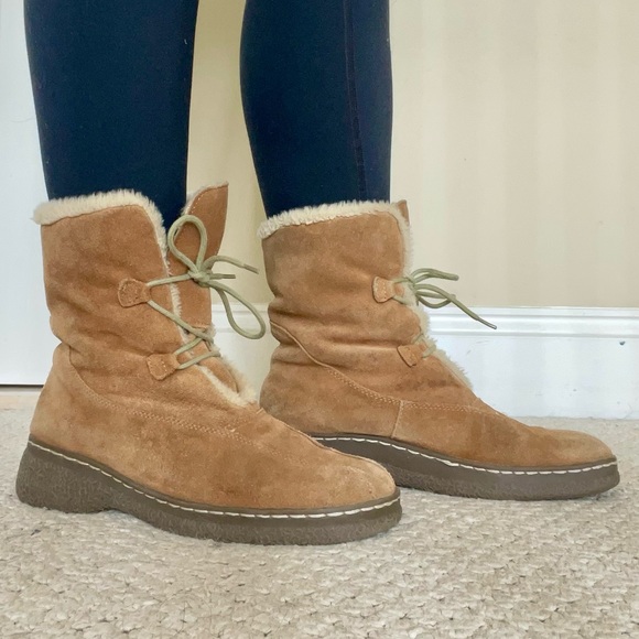 Bass Edson Winter Boots Tan Suede Leather Faux Fur Lining size 8.5 - Picture 2 of 11